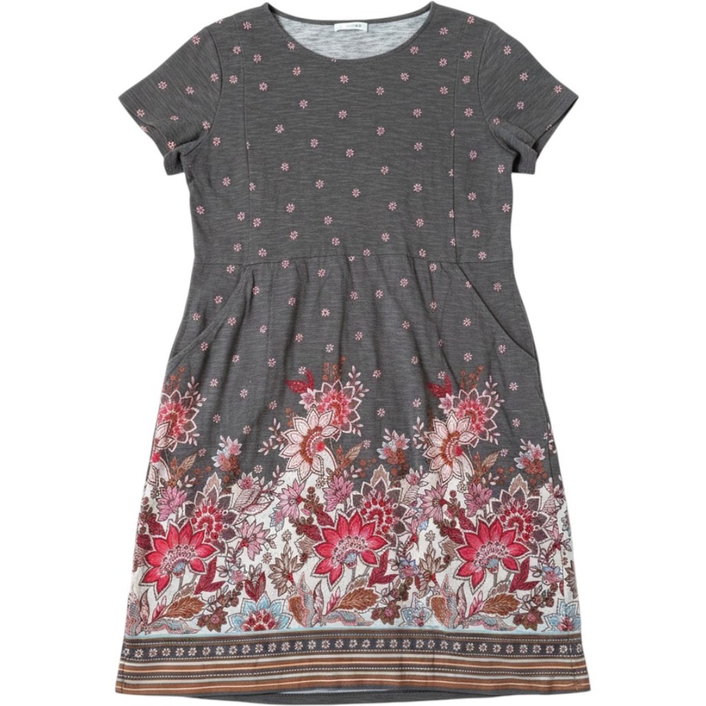 J. Jill‎ Floral Slub Knit Dress Medium Petite Gray Pink Pockets Boho Cottagecore
